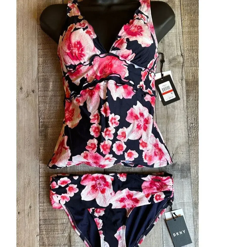 DKNY Women's Navy Floral Tankini Swimsuit Matching Set | XS